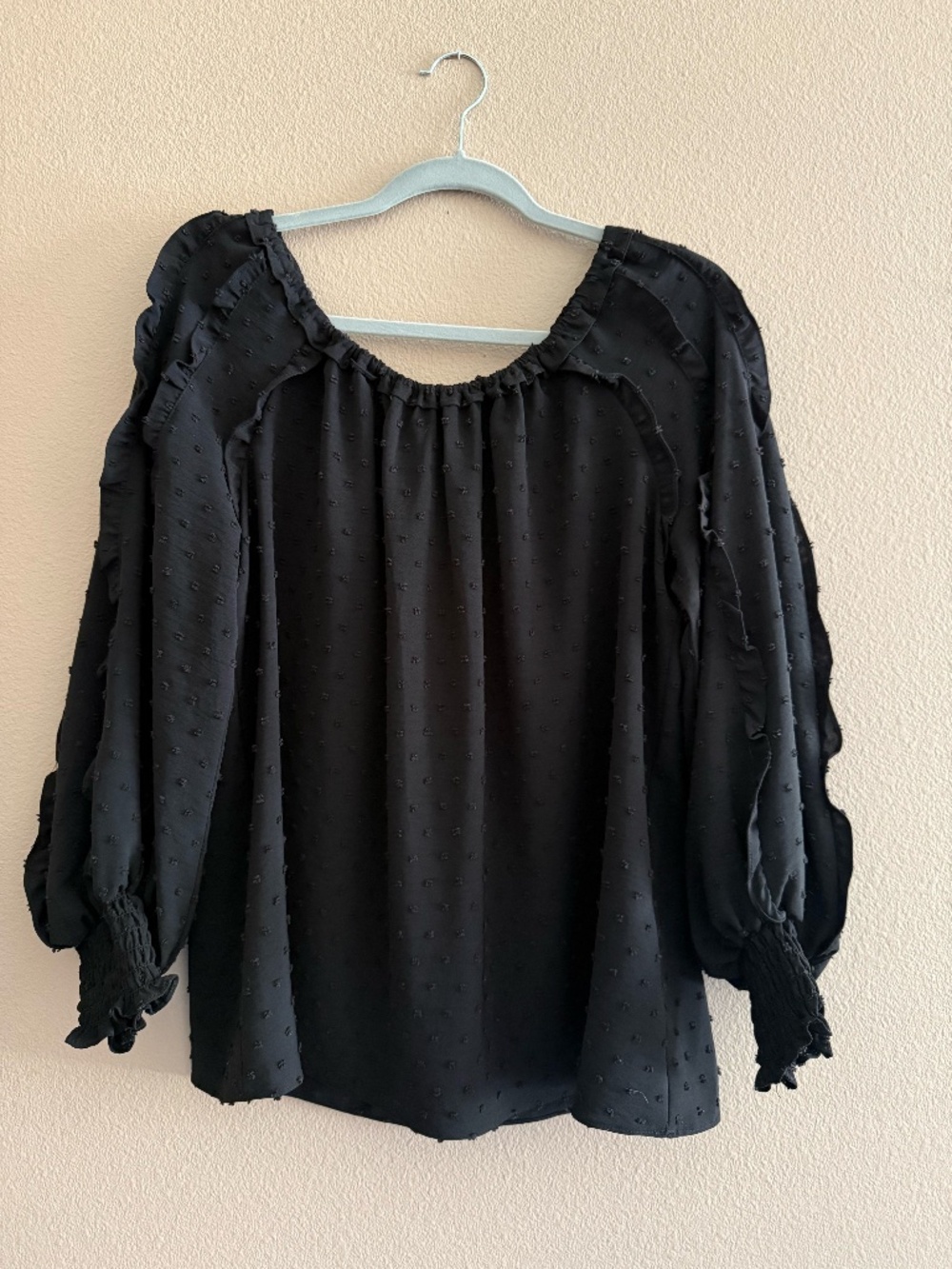 Max Studio, Black Blouse Swiss Dot Ruffle Top Women's M